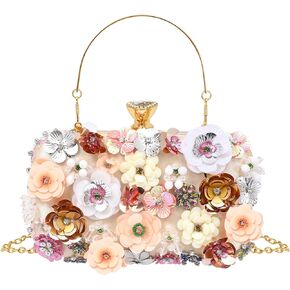 Women Flower Evening Handbag 3D Floral Beaded Handbag Chain Strap Clutch Purses for Women Banquet Prom