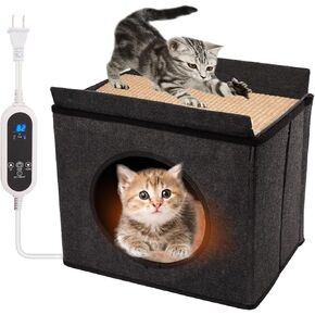 Heated cat House with Multi-Functio Heating Pet Pad,Heated Cat Bed with Wool Felt Shell Box and Sisal Cat Scratch Mats,Soft Washable Fleece Cover -15L*11W*14H inch Black Grey in Kuwait