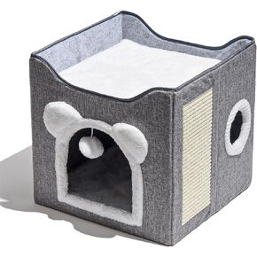 Beds for Indoor Cats - Large Covered Large Cave Beds for Pet House and Multi Small Pets House with Fluffy Ball Hanging and Scratch Pad, Foldable Cat Hideaway, Cute Modern Cat Condo