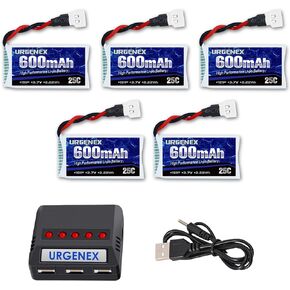 URGENEX 3.7V Lipo Battery 600mah 1S 5PCS Drone Battery with Molex Plug X5 USB Battery Charger for Syma X5C X5C-1 X5 X5SC X5SW H5C V931 S5C S5W SS40 FQ36 T32 T5W H42 CW4 UAV FPV Drone Quadcopter