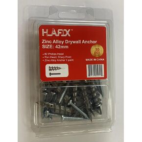 Fastener Self-Drilling Zinc AlloyDrywall Anchors with Screws Blister Kit of 30pcs, 15pcs Zinc Alloy Drywall Anchors, 15pcs #8x1-1/4" Pan Head Screws, Drywall Anchors Hold 50Lbs
