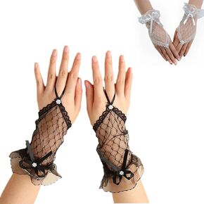 2pcs Lace Gloves Wedding Fingerless Rhinestone Lace Gloves for Brides and Bridesmaids Lace Bow Short Gloves for Banquet Party Wedding (Black+While)