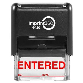 AS-IMP1100R - Entered Stamp with by: & Date:, Red Ink, Heavy Duty Commerical Self-Inking Rubber Stamp, 9/16" x 1-1/2" Impression