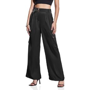 Cicy Bell Womens Cargo Satin Pants Casual Baggy High Waisted Wide Leg Work Office Trousers with Pockets