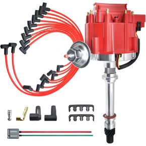 MAS Red Cap Distributor & Spark Plug Wires & Free Tachometer Pigtail Wire Harness Combo Kit Cap and Rotor Compatible with Chevy 305 454 C10 GMC SBC BBC 350 400