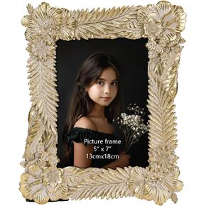 5x7 Vintage Picture Frame, 5 by 7 Antique Ornate Photo Frame with Glass Front for Tabletop and Wall Hanging, Gold