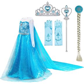 Elsa Costume Long Sleeves Princess Dress Queen Costume Cosplay Dress Up with Accessories