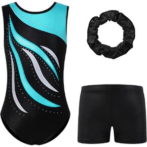 Striped Gymnastics Leotards for Girls Sparkle Ballet Dance Gymnastics Athletic Leotards with Shorts & Hairband