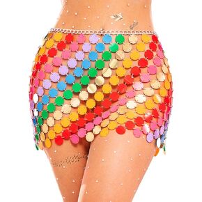 BODIY Rainbow Dot Sequins Chainmail Skirt Belly Dance Skirts Rave Wrap Skirt for Women