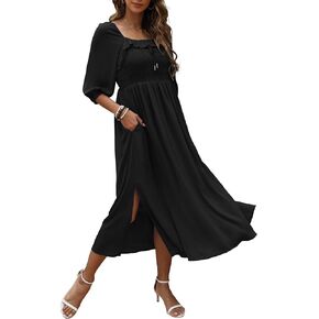 Summer Dresses for Women Smocked Square Neck Half Sleeve Chiffon Elastic Waist Split Backless Flowy Dress with Pockets