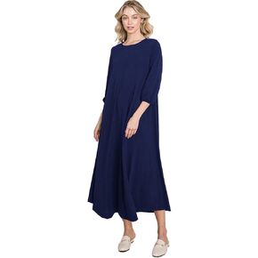 Casual 3/4 Sleeve Loose Oversized T-Shirt Knit Lounge Maxi Dress - Made in USA