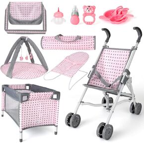 deAO Baby Doll Stroller Crib Bed Nursery Role Play Set Baby Doll with Accessories and Play Mat,Travel Cot,Bouncer,Foldable Stroller and Travel Bag Gifts for Toddlers Girls Boys