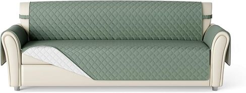 أغطية أريكة Loveseat مقاومة للماء، غطاء أريكة قابل للغسل مع أشرطة مطاطية غير قابلة للانزلاق للأطفال والكلاب والحيوانات الأليفة (مقعد صغير، أخضر رمادي/عاجي) in Saudi Arabia