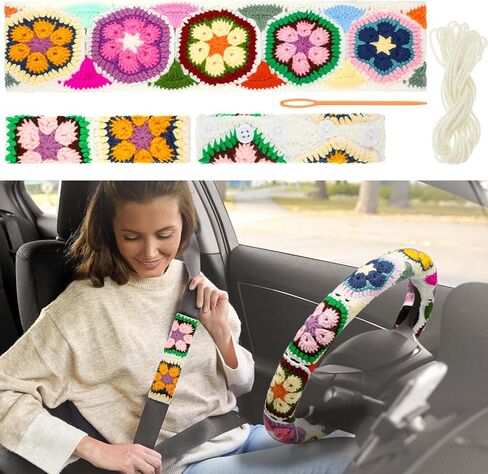 Geelin 3 Pcs Crochet Steering Wheel Cover with Crochet Belt Cover Boho Floral Crochet Car Steering Wheel Cover Handmade Seat Belt Shoulder Cover Pad Crochet with Wool Pin Car Accessories for Women in Saudi Arabia