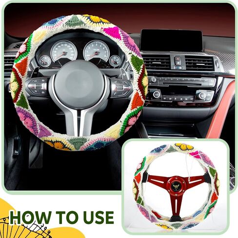 Geelin 3 Pcs Crochet Steering Wheel Cover with Crochet Belt Cover Boho Floral Crochet Car Steering Wheel Cover Handmade Seat Belt Shoulder Cover Pad Crochet with Wool Pin Car Accessories for Women in Saudi Arabia