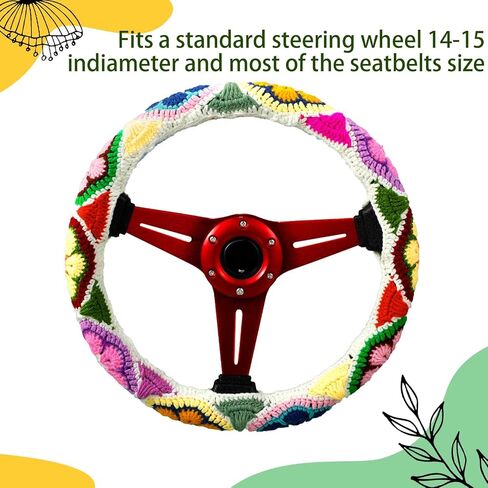 Geelin 3 Pcs Crochet Steering Wheel Cover with Crochet Belt Cover Boho Floral Crochet Car Steering Wheel Cover Handmade Seat Belt Shoulder Cover Pad Crochet with Wool Pin Car Accessories for Women in Saudi Arabia