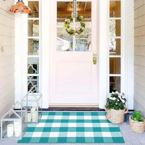 سجاد بافلو منقوش للأماكن الخارجية، مقاس 28 بوصة × 43 بوصة، سجادة منطقة داخلية وخارجية مربعة باللونين الأخضر والأبيض، سجادة طبقات لسجادة باب الترحيب، سجادة مزرعة منسوجة من القطن قابلة للغسل لديكور الشرفة الأمامية لعيد الربيع in Kuwait