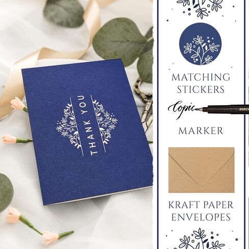 100 Navy Blue Thank You Cards with Envelopes ,Stickers & Black Ink Markers , Classy design Thank You Notes Bulk Box Set , Thank You Cards Small Business , Notelets and Envelopes Sets 4" x 6" great for Graduation, Baby Shower Thank You Cards , Wedding in Saudi Arabia