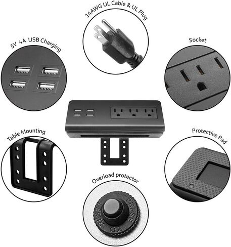 Desk Edge Mount Power Strips with USB Ports-UL Plug Outlets 1250 Joulets Surge Protector Tabletop Power Sockets for Nightstand/Home Office/Dormitory 4 USB Ports & 3AC Outlets in Saudi Arabia