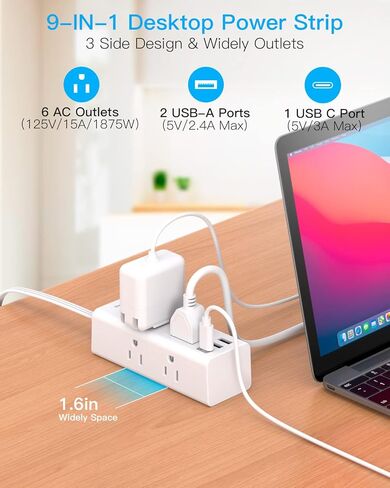 Flat Extension Cord, Plug Power Strip with 6 Outlets 3 USB Ports (1 USB C) with No Surge Protection, Wall Mount Outlet Extender for Office Dorm Room, Cruise Travel Essentials in Kuwait