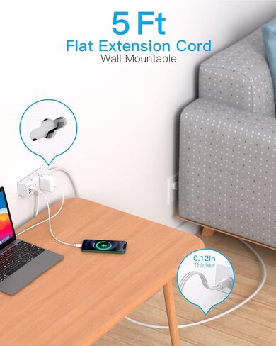 Flat Extension Cord, Plug Power Strip with 6 Outlets 3 USB Ports (1 USB C) with No Surge Protection, Wall Mount Outlet Extender for Office Dorm Room, Cruise Travel Essentials in Kuwait
