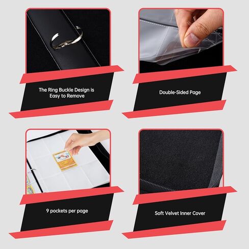 حافظة بطاقات تجارية مكونة من 9 جيوب، حامل بطاقات تجارية يناسب 900 بطاقة مع 50 غلاف قابل للإزالة، متوافق مع بطاقات متنوعة (أحمر) in Kuwait