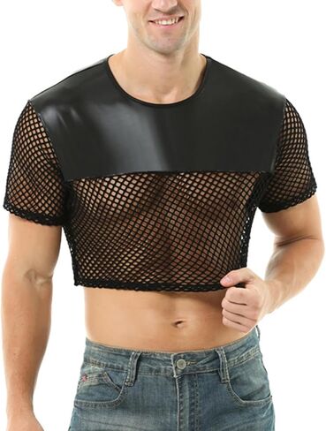 Mens Fishnet Shirts See Through Faux Leather Sexy Crop Tops Short Sleeve Mesh T Shirts in Kuwait