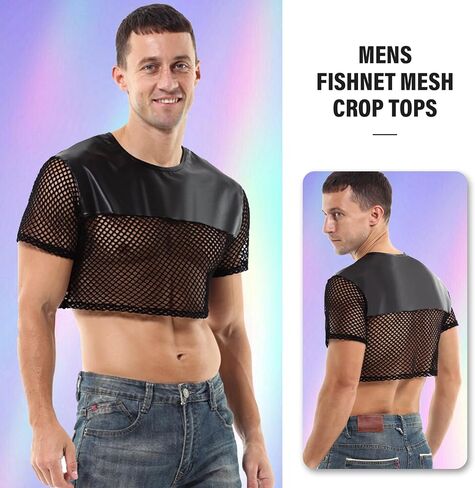Mens Fishnet Shirts See Through Faux Leather Sexy Crop Tops Short Sleeve Mesh T Shirts in Kuwait