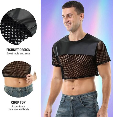 Mens Fishnet Shirts See Through Faux Leather Sexy Crop Tops Short Sleeve Mesh T Shirts in Kuwait