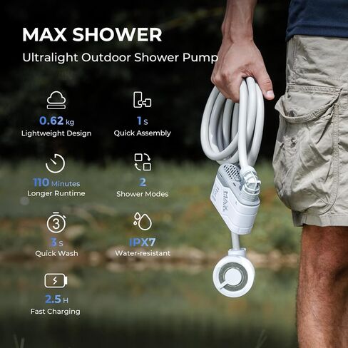 مضخة دش خارجية قابلة لإعادة الشحن خفيفة الوزن من FLEXTAILGEAR MAX SHOWER، رأس دش محمول للتخييم، دش للسفر مع مضخة مياه USB-C للمشي لمسافات طويلة، وغسيل السيارات، وتنظيف الحيوانات الأليفة، وإجازات الشاطئ in Kuwait