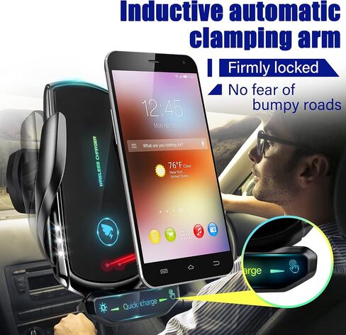 Wireless Car Charger Mount 15W Qi Fast Charging Auto Clamping Windshield Dashboard Suction Cup Air Vent Cell Phone Holder Bracket Compatible with All Smartphone (Black) in Saudi Arabia