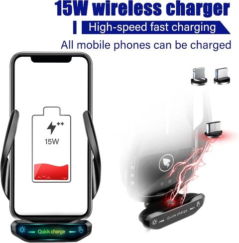 Wireless Car Charger Mount 15W Qi Fast Charging Auto Clamping Windshield Dashboard Suction Cup Air Vent Cell Phone Holder Bracket Compatible with All Smartphone (Black) in Saudi Arabia