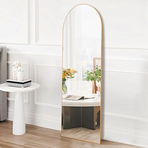 Sweetcrispy Arched Full Length Mirror with Stand, 59"x16" Floor Mirror with Aluminum Alloy Frame for Bedroom, Standing Full Body Mirror with Shatter-proorf Nano Glass for Wall, Living Room (Gold) in Kuwait