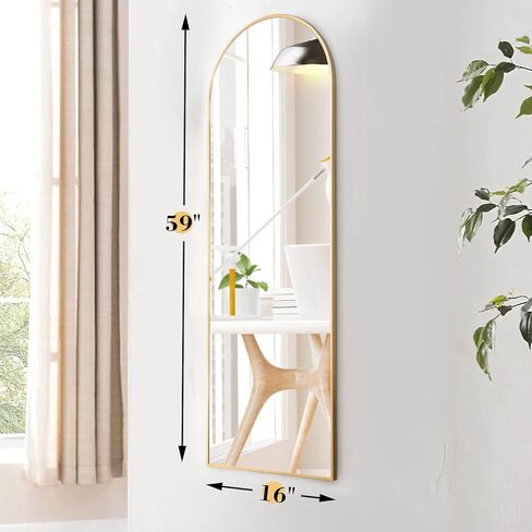 Sweetcrispy Arched Full Length Mirror with Stand, 59"x16" Floor Mirror with Aluminum Alloy Frame for Bedroom, Standing Full Body Mirror with Shatter-proorf Nano Glass for Wall, Living Room (Gold) in Kuwait