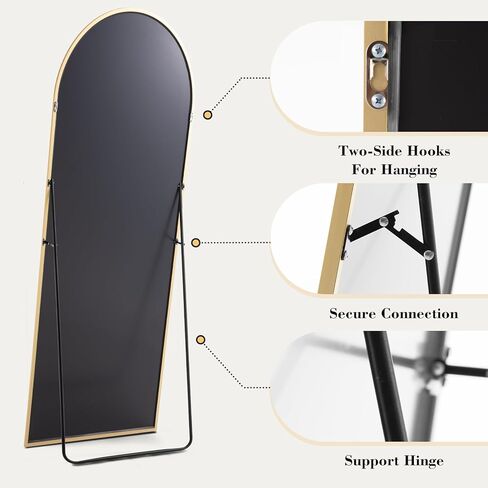 Sweetcrispy Arched Full Length Mirror with Stand, 59"x16" Floor Mirror with Aluminum Alloy Frame for Bedroom, Standing Full Body Mirror with Shatter-proorf Nano Glass for Wall, Living Room (Gold) in Kuwait