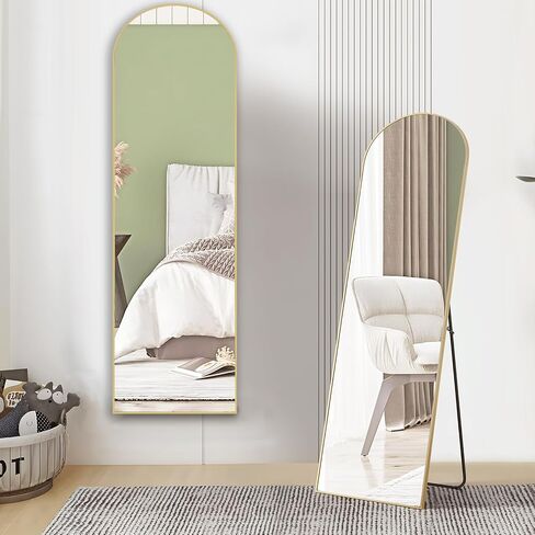 Sweetcrispy Arched Full Length Mirror with Stand, 59"x16" Floor Mirror with Aluminum Alloy Frame for Bedroom, Standing Full Body Mirror with Shatter-proorf Nano Glass for Wall, Living Room (Gold) in Kuwait