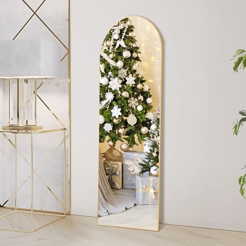 Sweetcrispy Arched Full Length Mirror with Stand, 59"x16" Floor Mirror with Aluminum Alloy Frame for Bedroom, Standing Full Body Mirror with Shatter-proorf Nano Glass for Wall, Living Room (Gold) in Kuwait