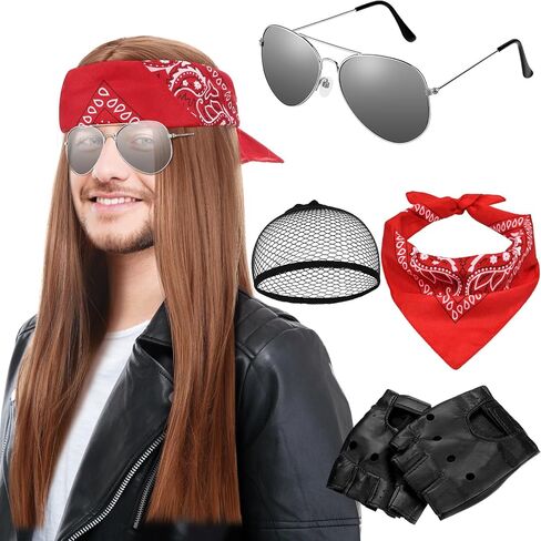 Hotop 90s Rocker Costume Set Rock Costume Includes Wig, Gloves, Wig cap, Sunglasses and Bandanas for Halloween Men Women Cosplay Accessories in Saudi Arabia