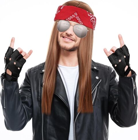 Hotop 90s Rocker Costume Set Rock Costume Includes Wig, Gloves, Wig cap, Sunglasses and Bandanas for Halloween Men Women Cosplay Accessories in Saudi Arabia