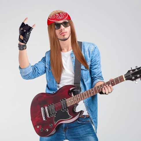 Hotop 90s Rocker Costume Set Rock Costume Includes Wig, Gloves, Wig cap, Sunglasses and Bandanas for Halloween Men Women Cosplay Accessories in Saudi Arabia