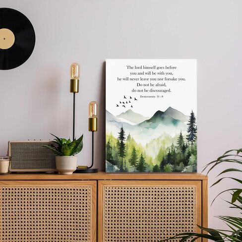 Parzcot Deuteronomy 31: 8 Wall Art，Christian Canvas Wall Art Positive Scripture Painting Home Wall Decor Framed,Green Forest Mountain Wall Art, Office Wall Art for Women, Motivational Poster in Saudi Arabia