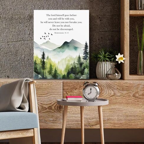 Parzcot Deuteronomy 31: 8 Wall Art，Christian Canvas Wall Art Positive Scripture Painting Home Wall Decor Framed,Green Forest Mountain Wall Art, Office Wall Art for Women, Motivational Poster in Saudi Arabia