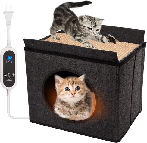 Heated cat House with Multi-Functio Heating Pet Pad,Heated Cat Bed with Wool Felt Shell Box and Sisal Cat Scratch Mats,Soft Washable Fleece Cover -15L*11W*14H inch Black Grey in Kuwait