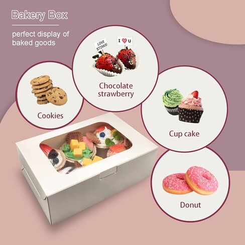 25 قطعة من صناديق البسكويت مقاس 9 × 6 × 3 بوصة، صناديق مخبوزات بيضاء مع صناديق هدايا للنافذة، صناديق هدايا للفراولة المغطاة بالشوكولاتة والكعك والحلويات والحلويات والدونات والمعجنات (9 بوصة) in Kuwait