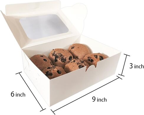25 قطعة من صناديق البسكويت مقاس 9 × 6 × 3 بوصة، صناديق مخبوزات بيضاء مع صناديق هدايا للنافذة، صناديق هدايا للفراولة المغطاة بالشوكولاتة والكعك والحلويات والحلويات والدونات والمعجنات (9 بوصة) in Kuwait