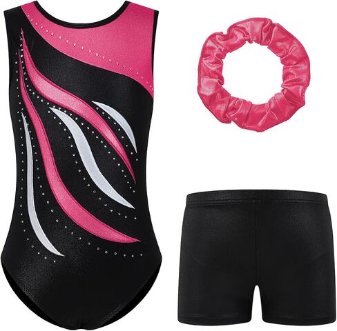 Striped Gymnastics Leotards for Girls Sparkle Ballet Dance Gymnastics Athletic Leotards with Shorts & Hairband in Saudi Arabia