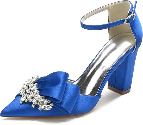 Women Evening Bridal Rhinestone Pointed Toe Satin Pumps Block High Heel Crystal Shoes with Bow in Saudi Arabia