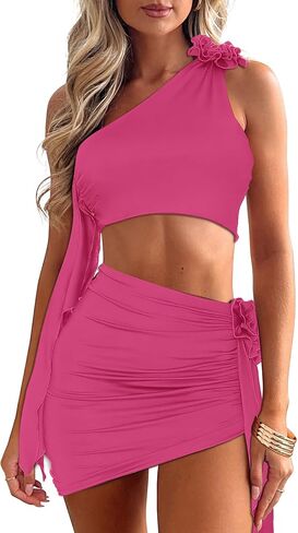 Women's 2 Piece Outfits Sleeveless Ruffle Tassel 3D Flower One Shoulder Crop Top and Ruched Mini Skirt Set in Saudi Arabia