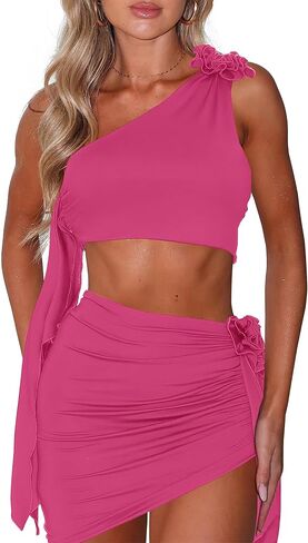 Women's 2 Piece Outfits Sleeveless Ruffle Tassel 3D Flower One Shoulder Crop Top and Ruched Mini Skirt Set in Saudi Arabia