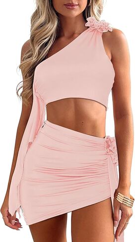 Women's 2 Piece Outfits Sleeveless Ruffle Tassel 3D Flower One Shoulder Crop Top and Ruched Mini Skirt Set in Kuwait